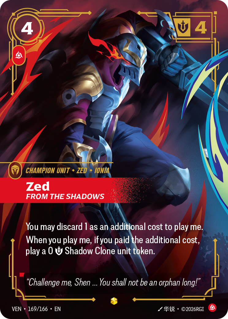 Zed, From the Shadows (Overnumbered) (VEN-169/166) [Riftbound: Vendetta]