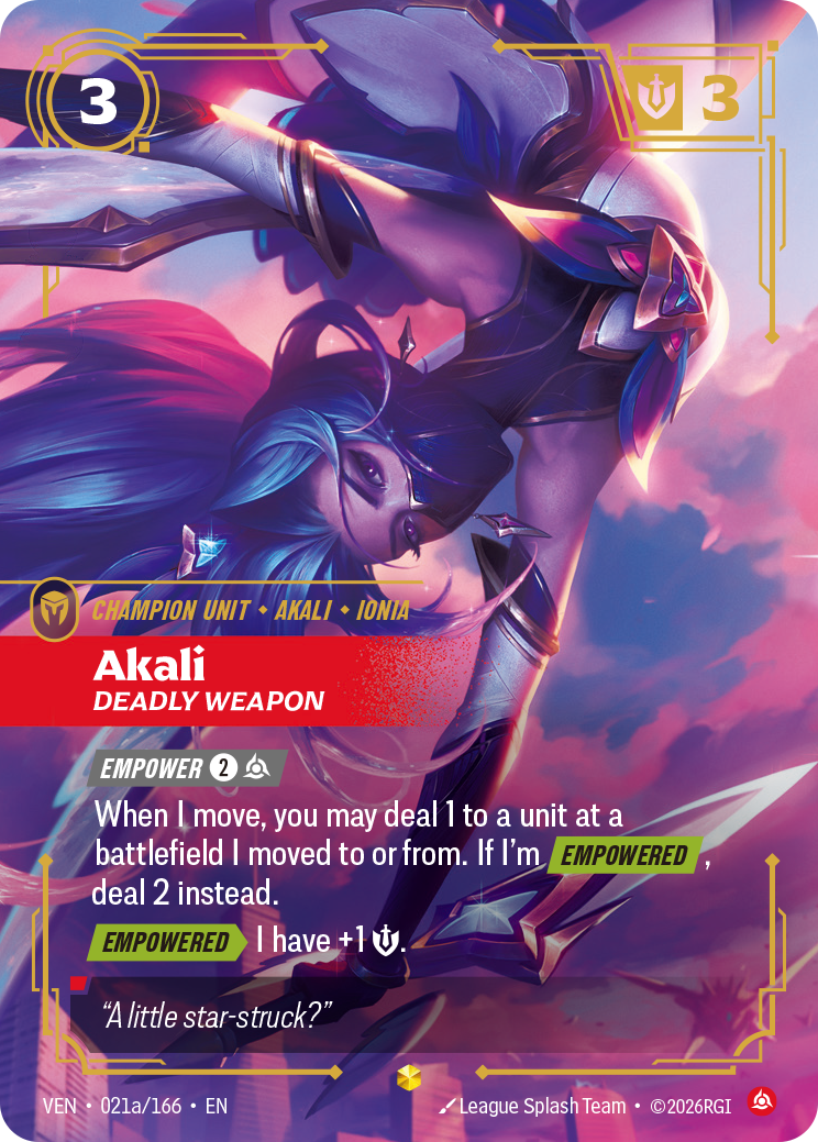 Akali, Deadly Weapon (Alternate Art) (VEN-021a/166) [Riftbound: Vendetta]